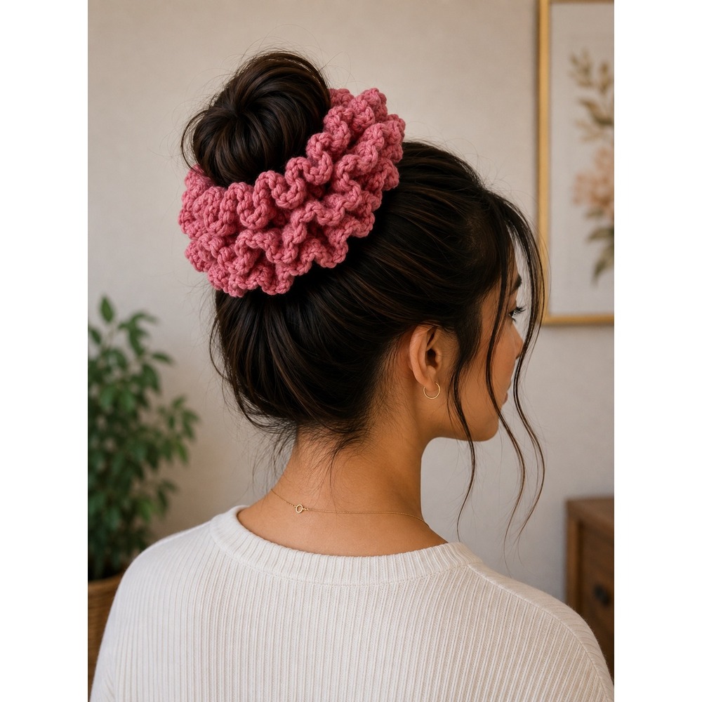Handmade Crochet Hair Scrunchie Raspberry Pink Soft Ruffled Elastic Hair Tie